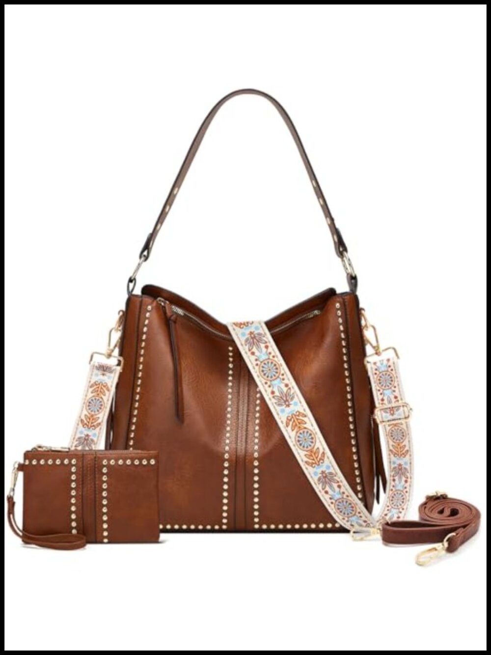Hobo Studded Purse and Wallet Set for Women, Faux Leather Shoulder Bag